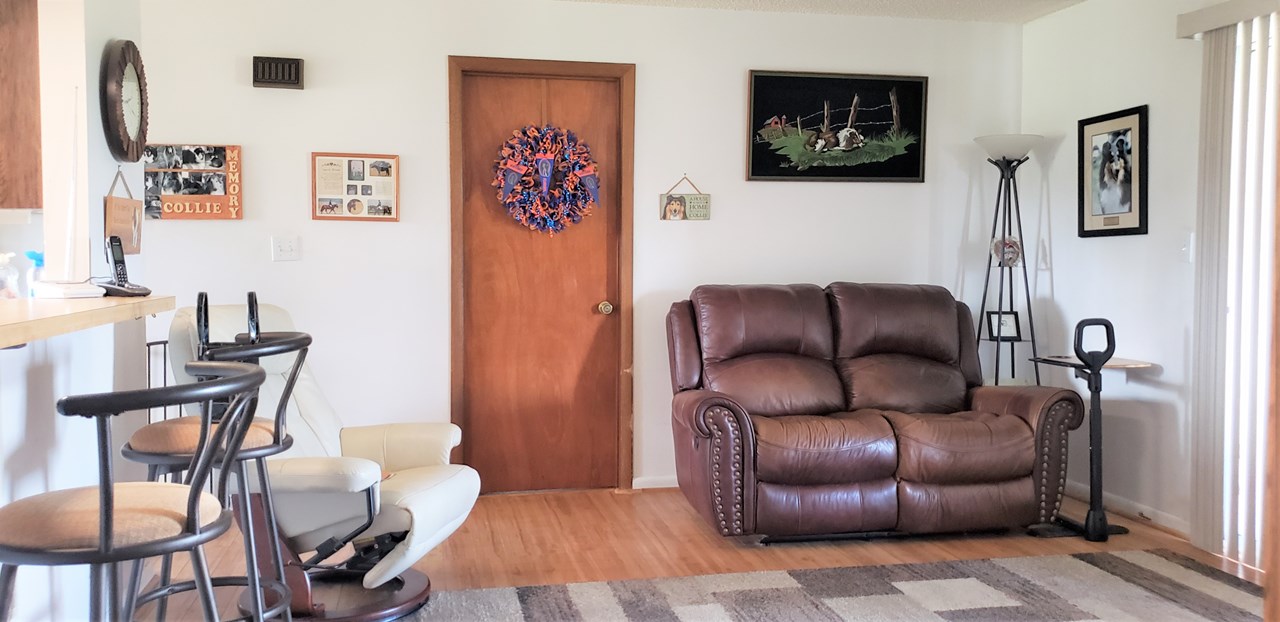 family room has an eat-at bar open to the kitchen
