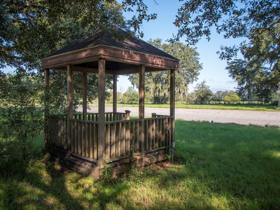 adorable gazebo has electric and overlooks the 20 x 60m outdoor dressage arena.  this arena has a limerock base and a mixed sand footing.